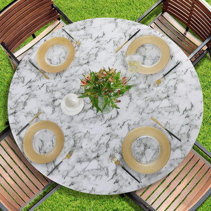 Romanstile round tablecloth with elastic edge and flannel backing for secure outdoor dining