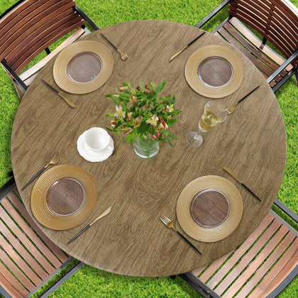 Romanstile round vinyl tablecloth with elastic edge and flannel backing for secure outdoor dining