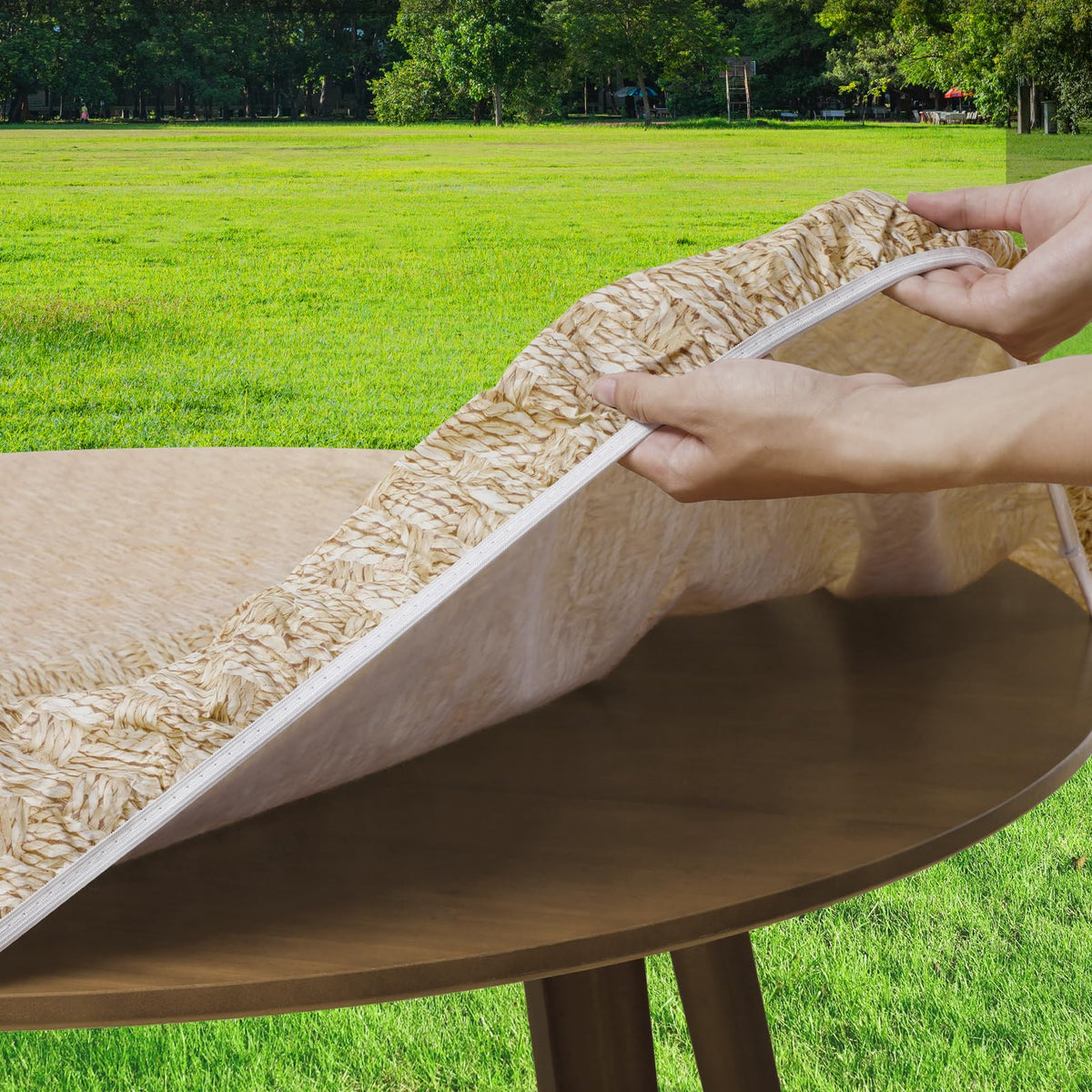 Romanstile round vinyl tablecloth with flannel back protects surfaces