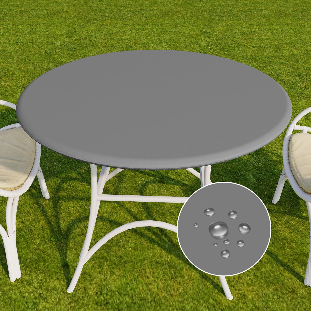 Romanstile round vinyl tablecloth in grey with elastic edge for a secure fit.