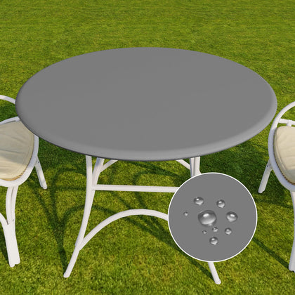Romanstile round vinyl tablecloth in grey with elastic edge for a secure fit.