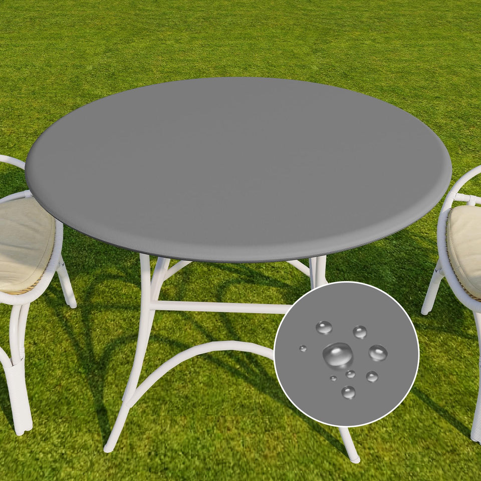 Romanstile round vinyl tablecloth in grey with elastic edge for a secure fit.