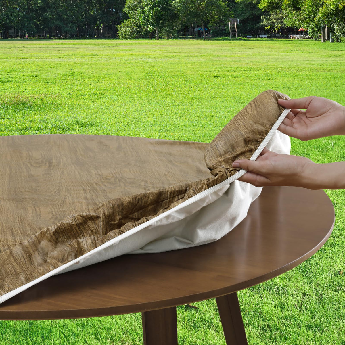 Romanstile tablecloth closeup showing soft flannel backing and durable waterproof surface