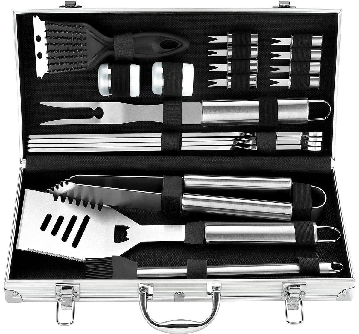 ROMANTICIST BBQ tool case open showing complete kit for outdoor grilling