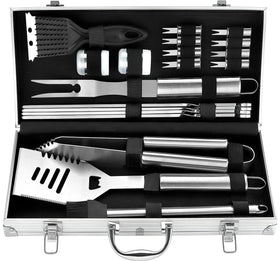 ROMANTICIST BBQ tool case open showing complete kit for outdoor grilling