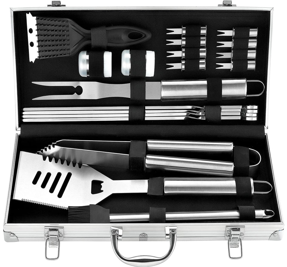 ROMANTICIST BBQ tool case open showing complete kit for outdoor grilling