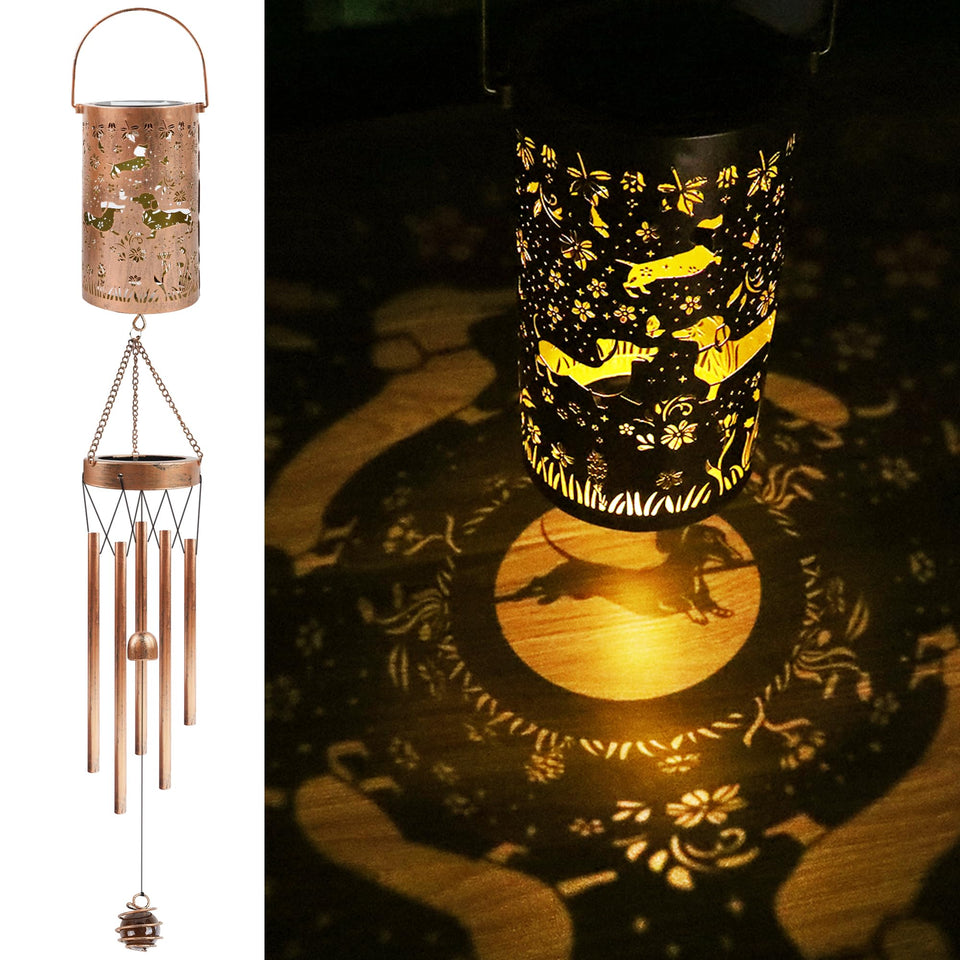Romart Dachshund Solar Wind Chimes illuminate outdoor space softly.