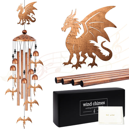 Romart dragon wind chime outside enhances garden ambiance with a striking silhouette.