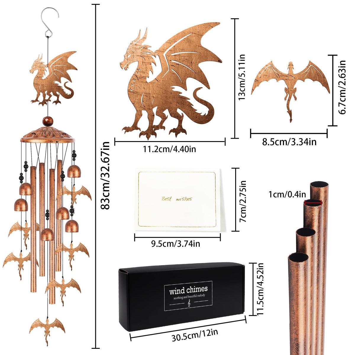 Romart dragon wind chime silhouette highlights intricate metal cutouts for outdoor decor.