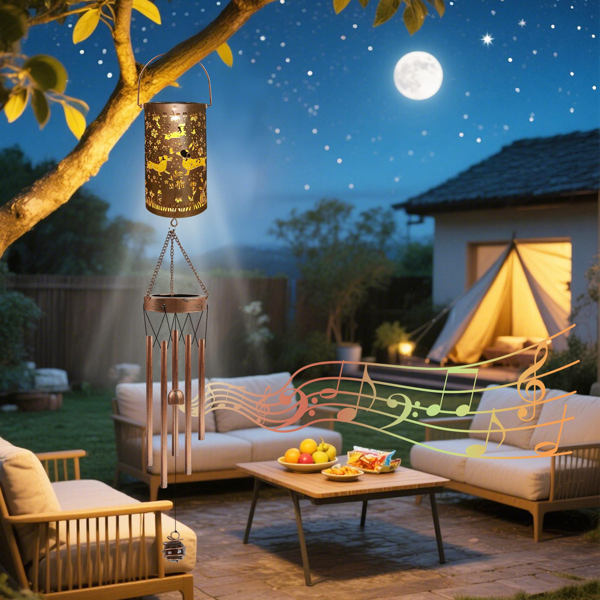 Romart Solar lantern yard chime provides night lighting for pathways.