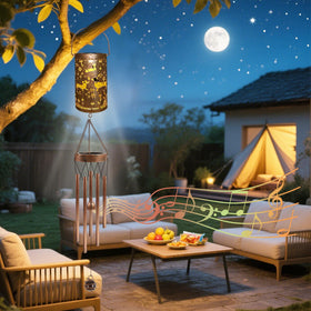 Romart Solar lantern yard chime provides night lighting for pathways.