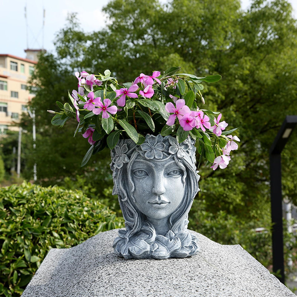 Romehaha Goddess Gray face planter with drainage hole for healthy succulents.