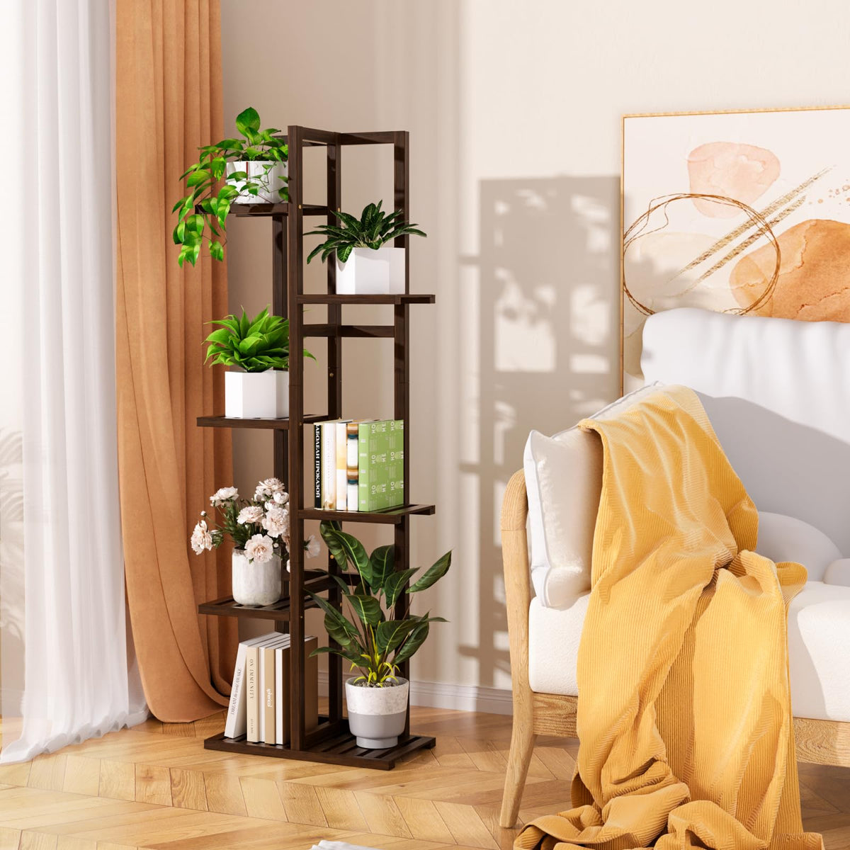 ROMGUAR CRAFT 6-tier bamboo plant stand in living room for versatile decor