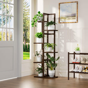 ROMGUAR CRAFT 6-tier bamboo plant stand side view highlighting stable tall corner shelf