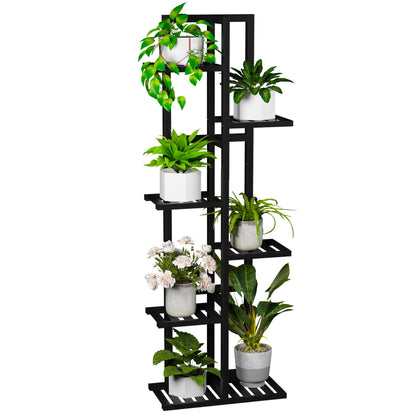 ROMGUAR CRAFT 6-tier bamboo plant stand displaying seven plants for space-saving elegance.