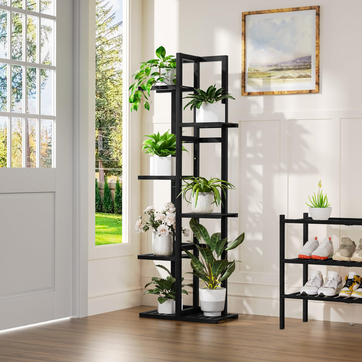 ROMGUAR CRAFT vertical bamboo shelf for easy indoor plant organization.