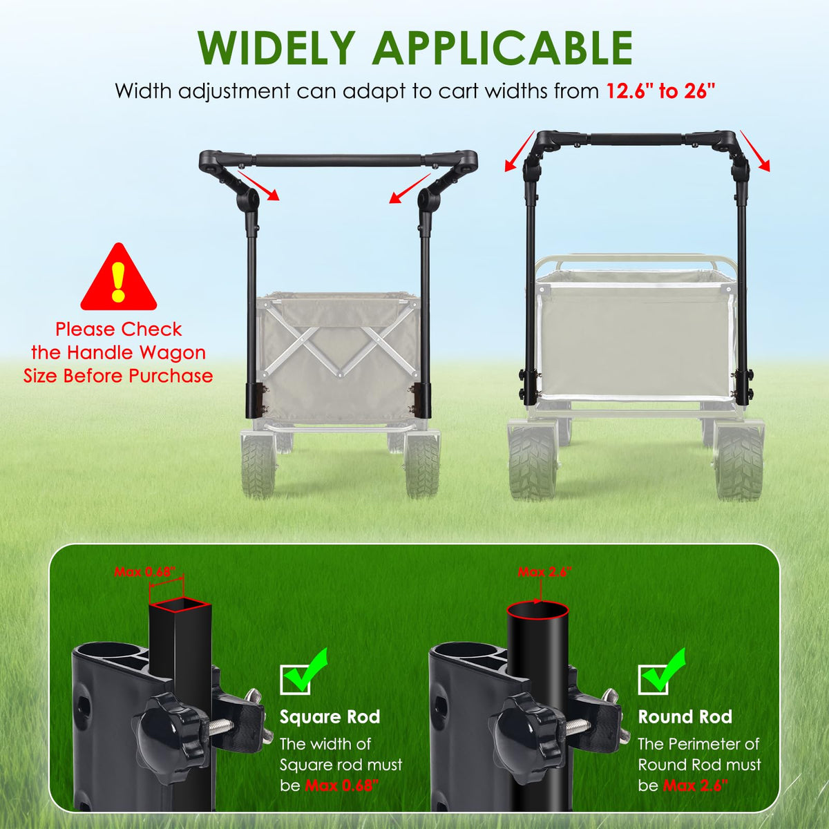 ROMILTON adjustable handle fits round-frame wagons for versatile use.