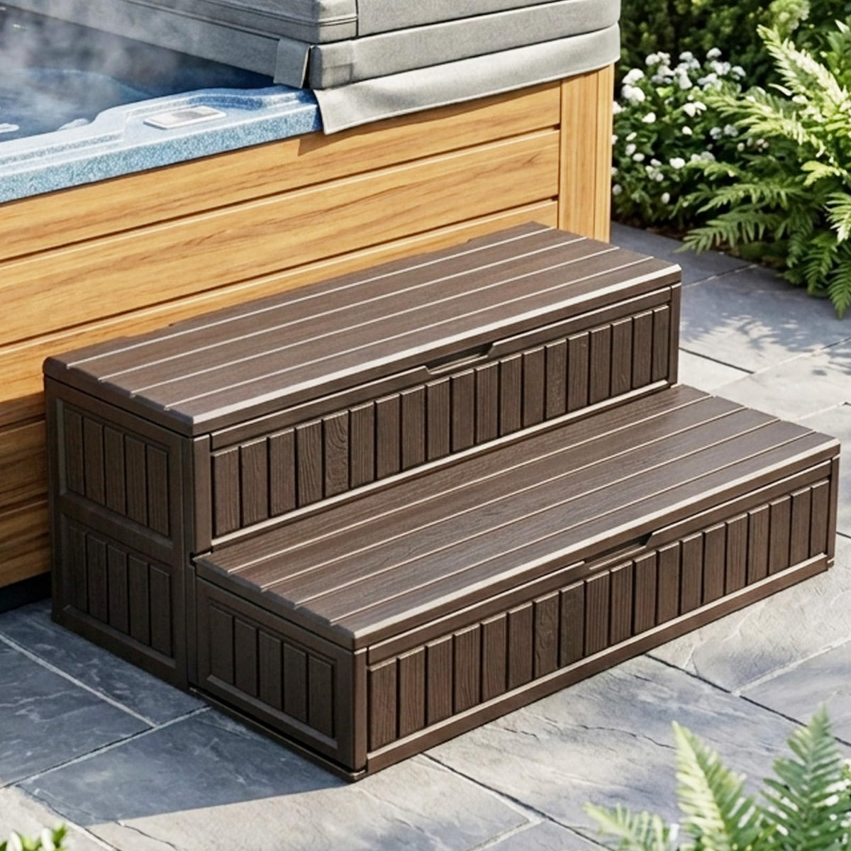 ROMIVO brown extra-wide two-step stairs, full view for stable spa entry