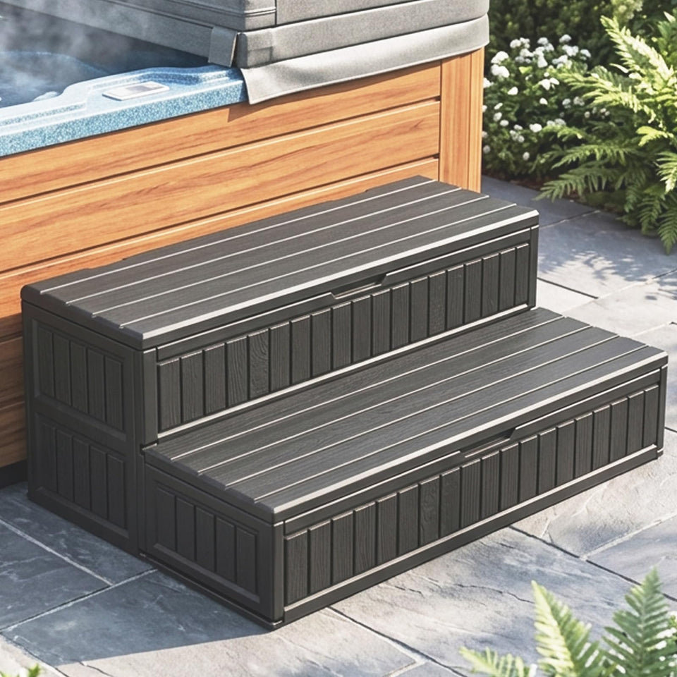 ROMIVO hot tub steps with under-step storage keeps towels organized outdoors.