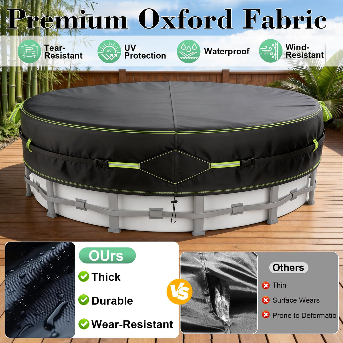 ROMIVO pool cover with side handles for simple installation and removal