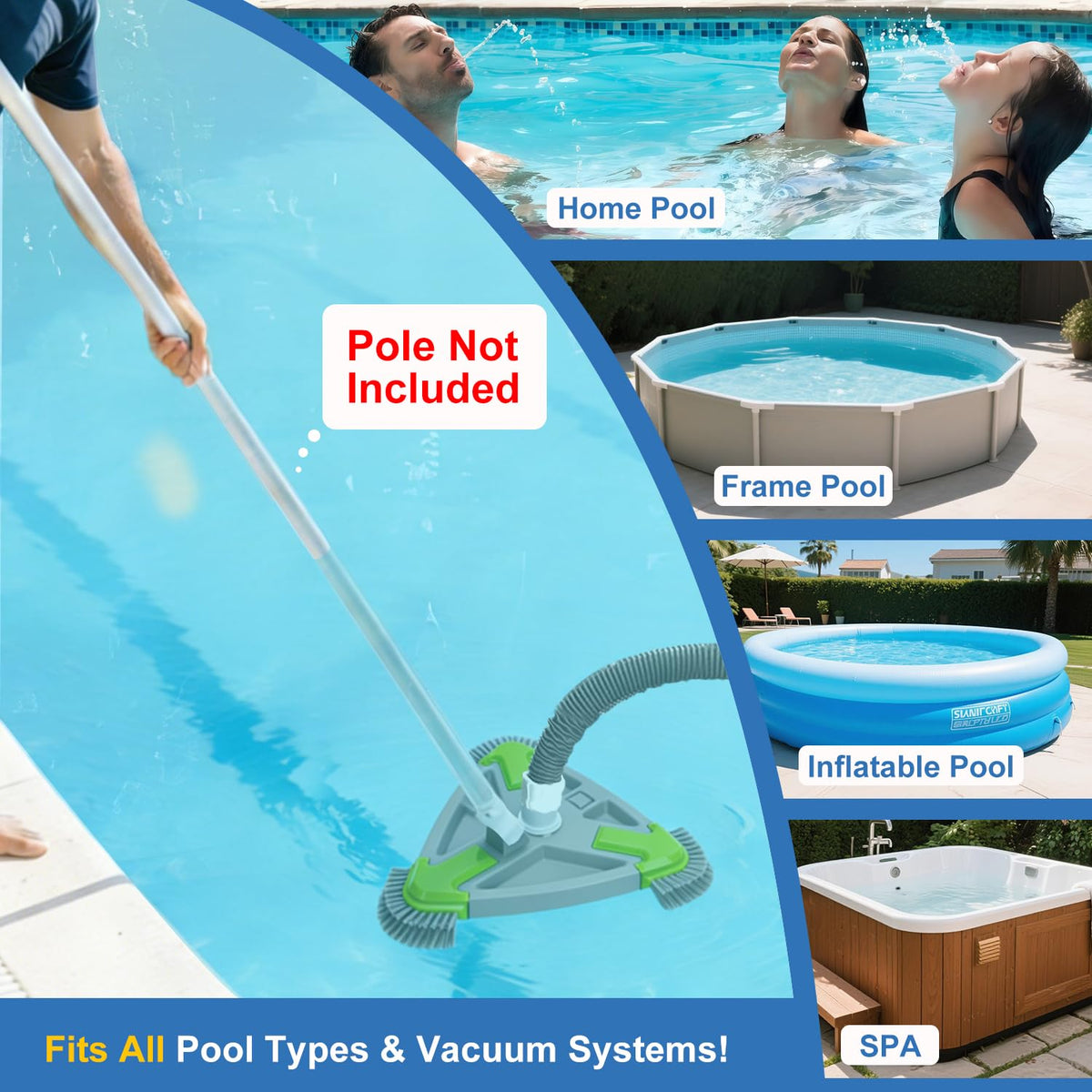 ROMIVO pool head width measuring 13-5 inches for wide coverage
