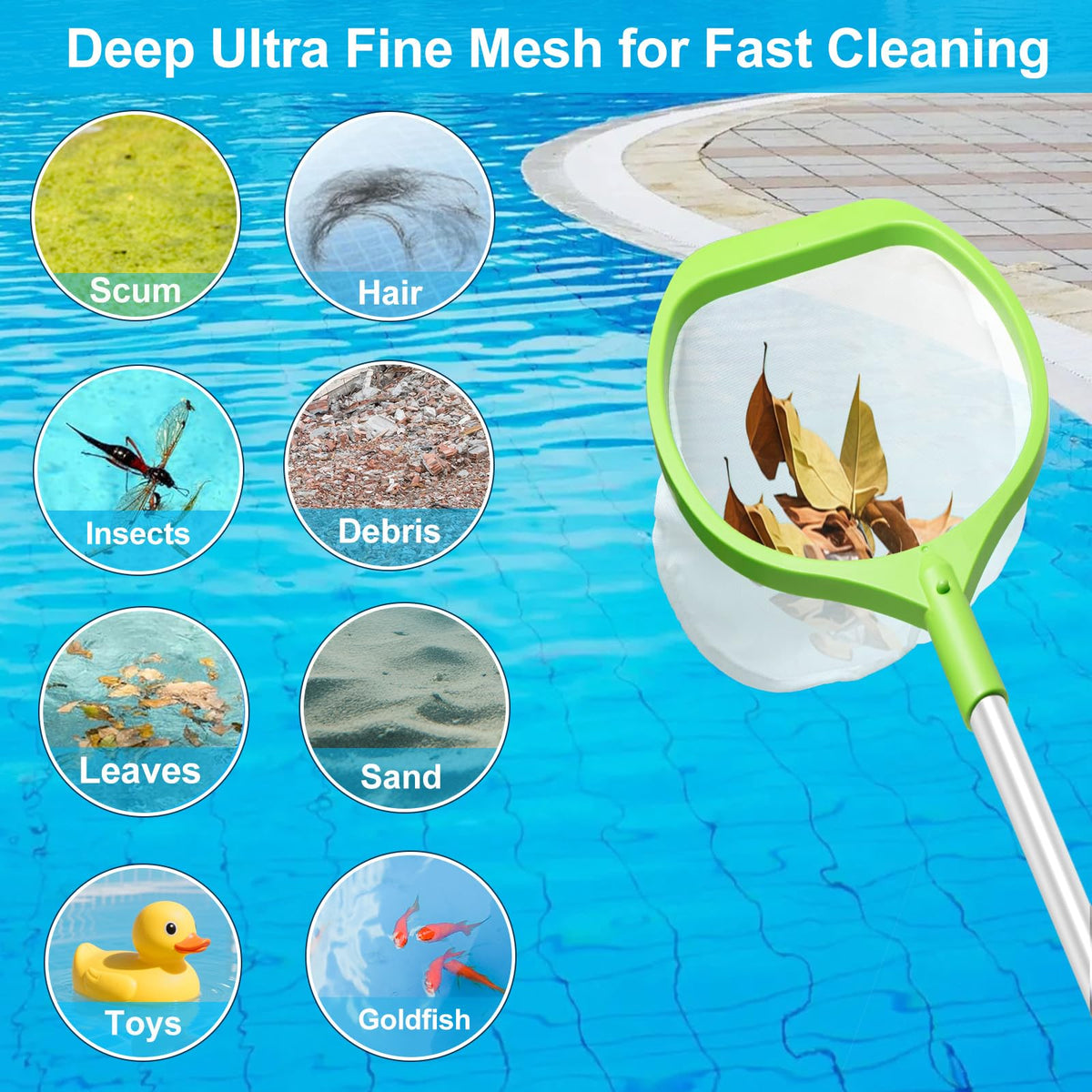 ROMIVO pool skimmer versatile tool for pools, spas, ponds and hot tubs.