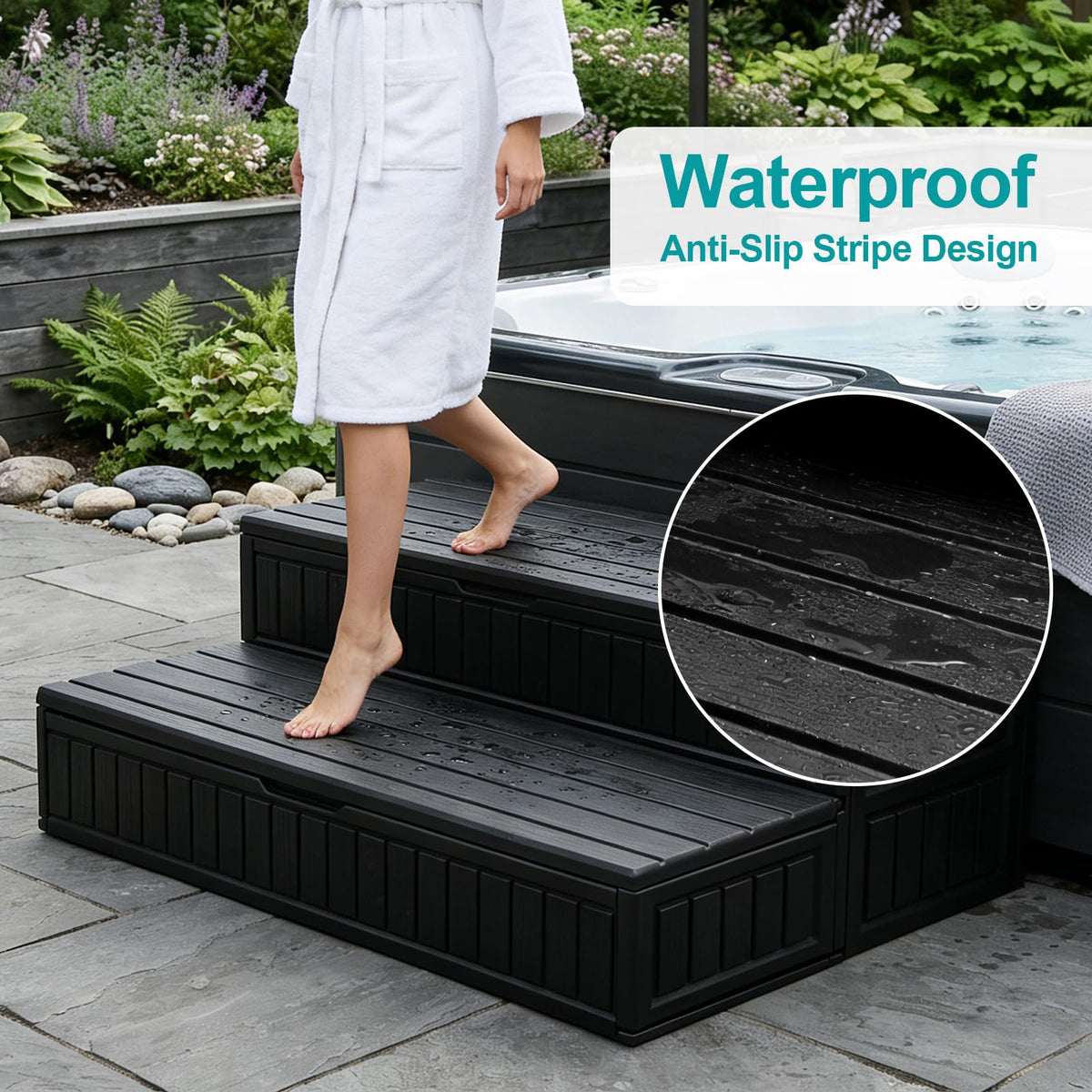 ROMIVO slip-resistant tread texture for safe wet-footing on spa stairs.