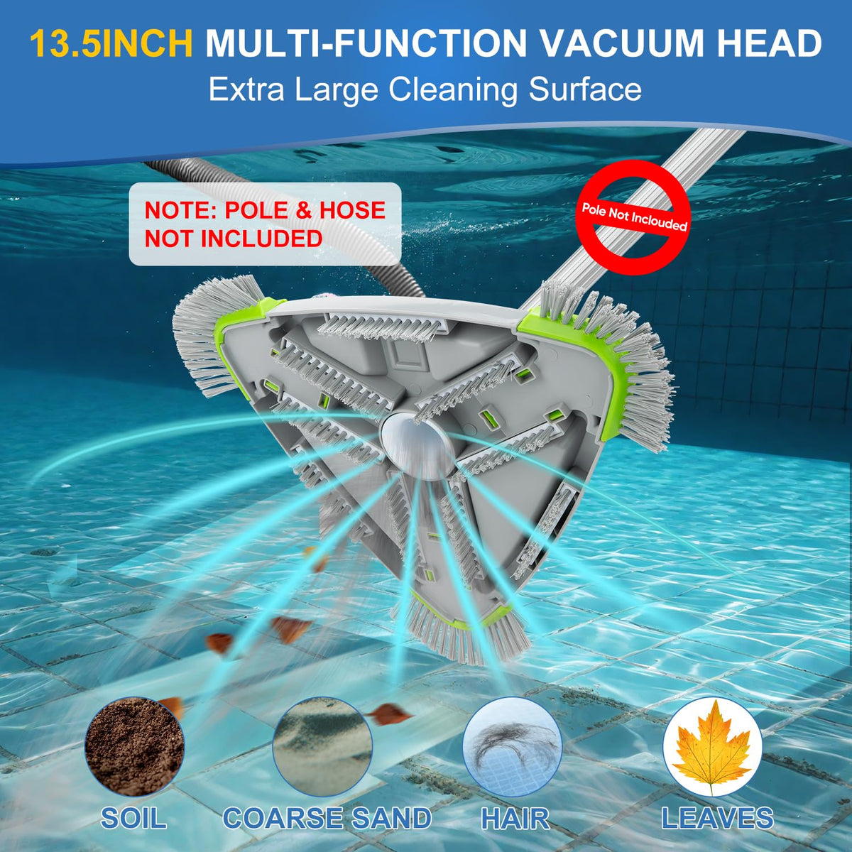 ROMIVO weighted pool head bottom brush in contact with pool floor