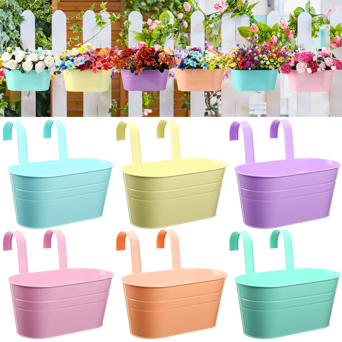 Romooa 6-pack hanging planters set in colorful metal for balcony decor