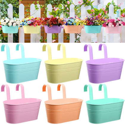 Romooa 6-pack hanging planters set in colorful metal for balcony decor