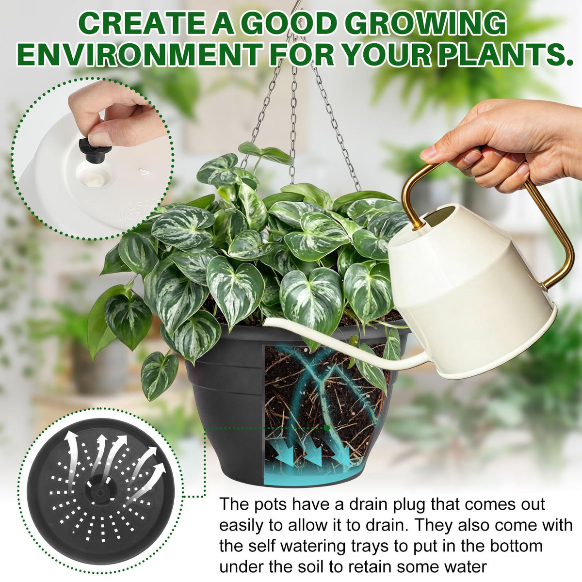 Romooa drainage-hole hanging planter helps prevent overwatering and mess
