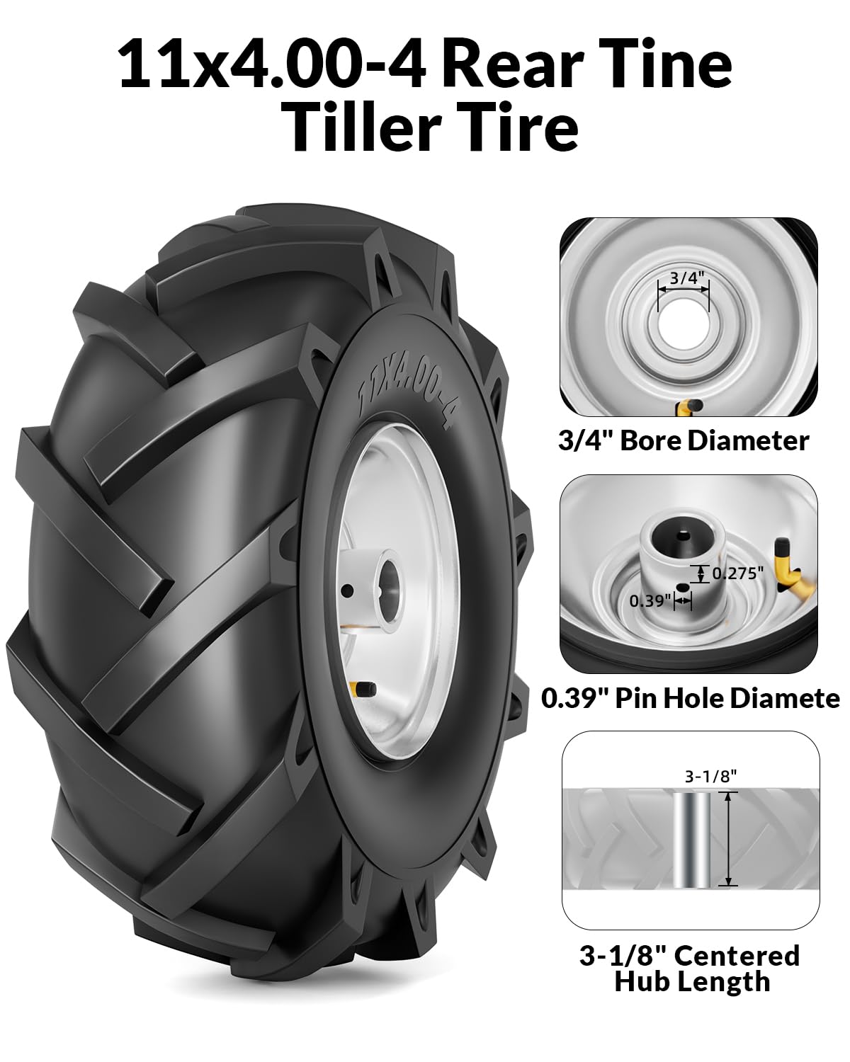 RONPOW 11x4.00-4 tire on rear-tine tiller demonstrating compatibility