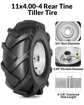 RONPOW 11x4.00-4 tire on rear-tine tiller demonstrating compatibility