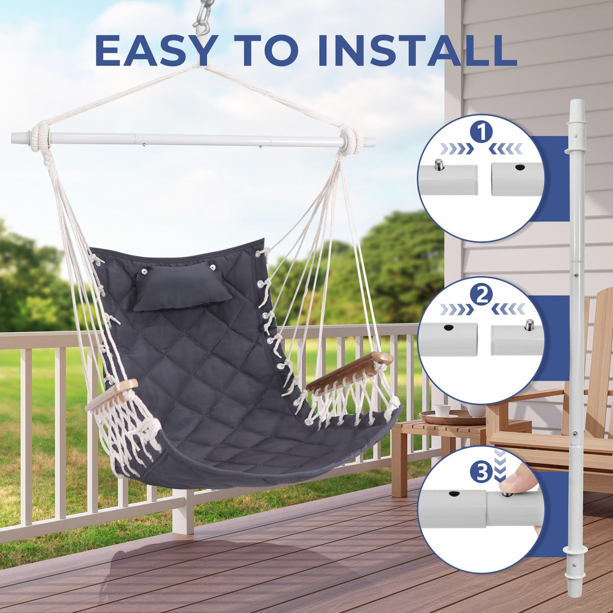 ROOITY hammock chair shows sturdy steel spreader bar for stable support