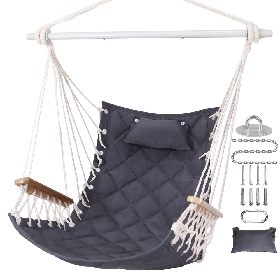 ROOITY hammock chair with wooden armrests for comfortable lounging outdoors
