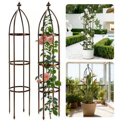 ROOLLYA 6.3ft metal garden obelisk trellis supports outdoor climbing plants.