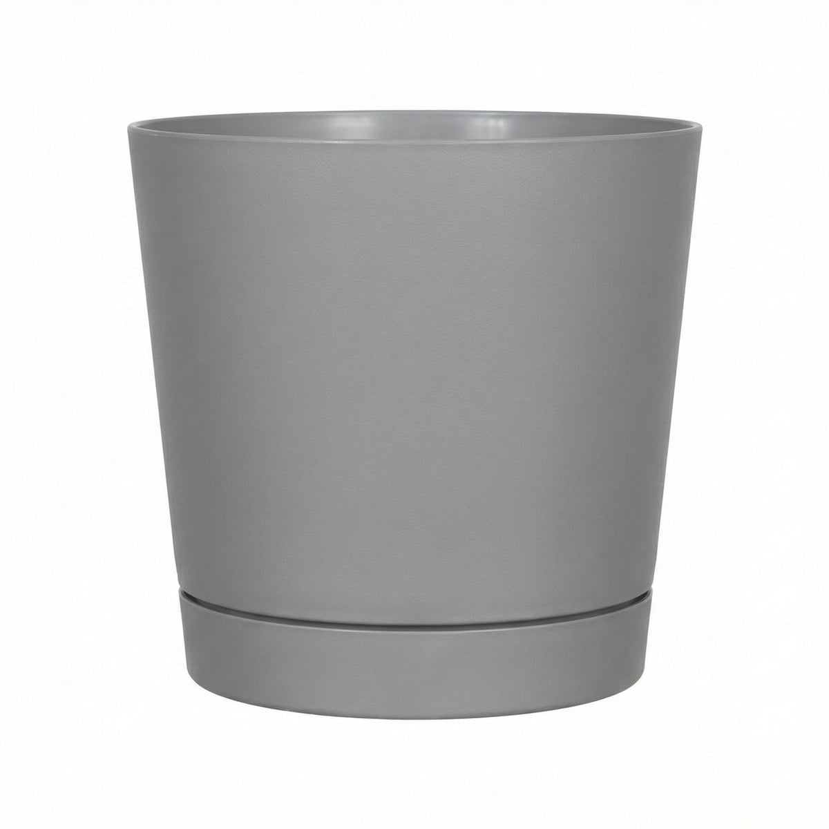 Root and Vessel Majestic full-depth pot in glossy gray, front view, ideal for showcasing a statement plant.