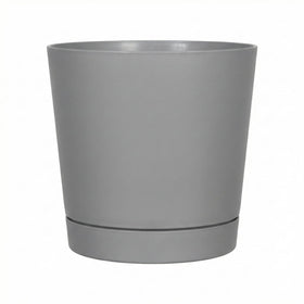 Root and Vessel Majestic full-depth pot in glossy gray, front view, ideal for showcasing a statement plant.