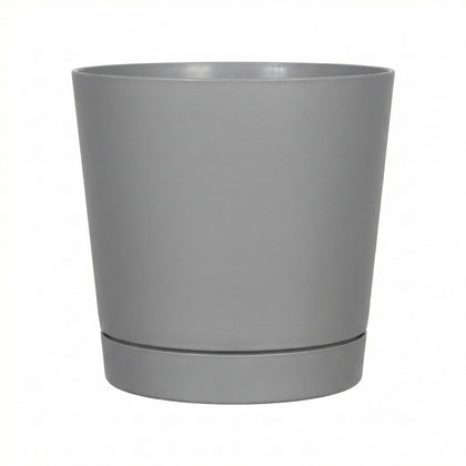 Root and Vessel Majestic full-depth pot in glossy gray, front view, ideal for showcasing a statement plant.