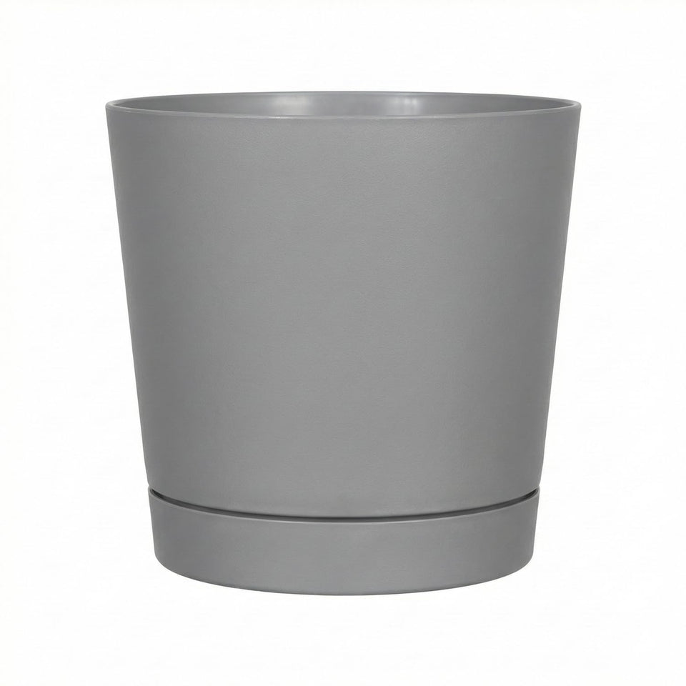 Root and Vessel Majestic full-depth pot in glossy gray, front view, ideal for showcasing a statement plant.