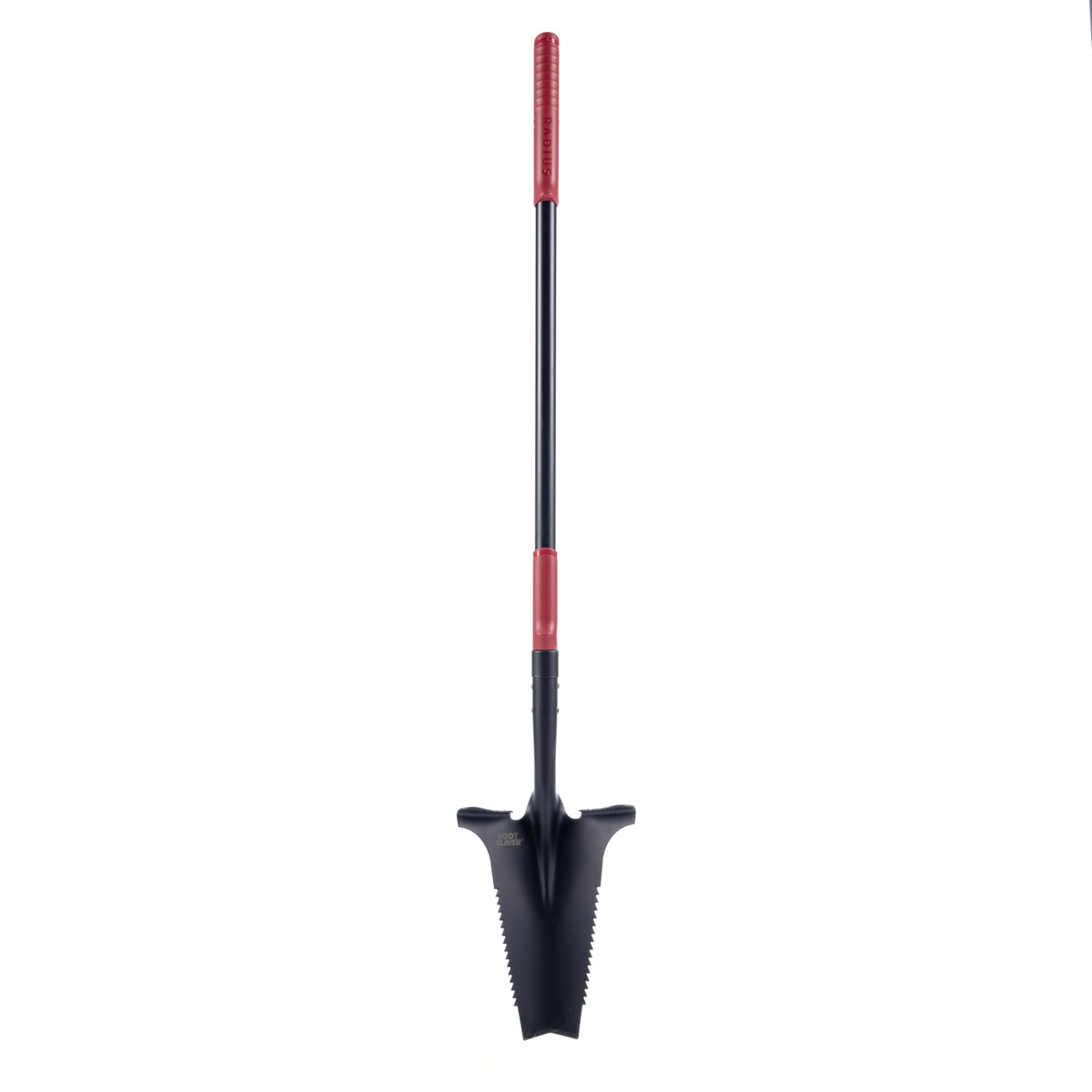 Root Slayer RS225 long-handle serrated shovel in action for efficient digging