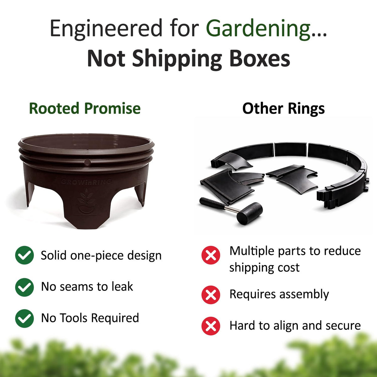 Rooted Promise made in USA label on heavy-duty garden rings