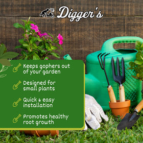 RootGuard Digger’s basket system acting as a gopher control aid during garden setup.
