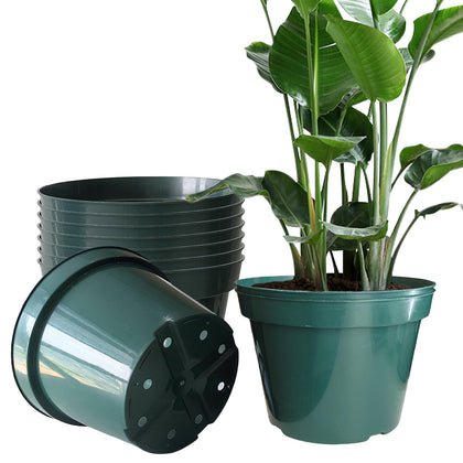 RooTrimmer 10-inch green planter pot with thick plastic for durable outdoor use.
