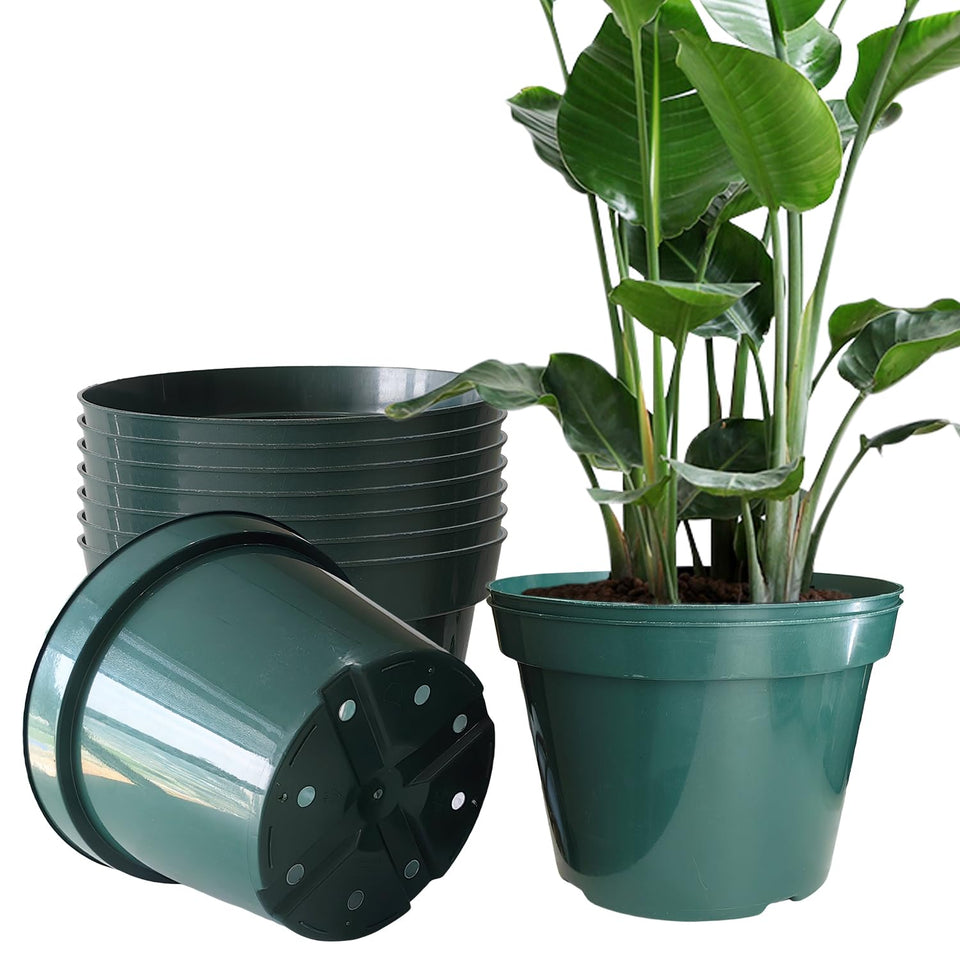 RooTrimmer 10-inch green planter pot with thick plastic for durable outdoor use.