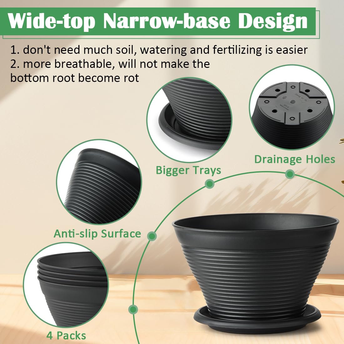RooTrimmer striped anti-slip design stabilizes pots on surfaces