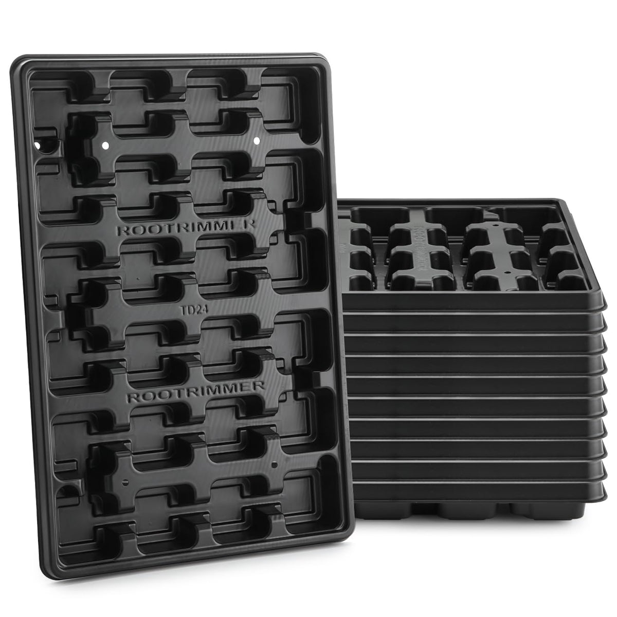 RooTrimmer 24-cell tray front view shows 3-inch pot slots ideal for seed starting.