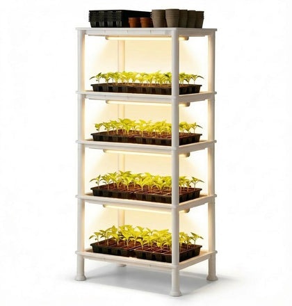 RooTrimmer 5-Tier seed starter trays in white frame for compact indoor gardening
