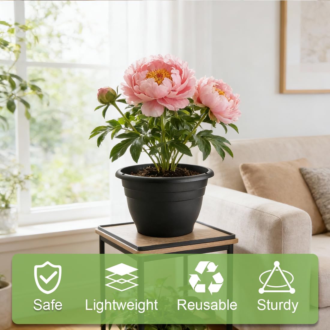RooTrimmer classic black pots complement flowers herbs and vegetables in any space.