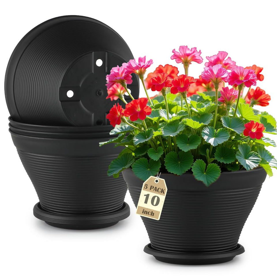 RooTrimmer five-pack 10-inch plant pots with saucers for easy watering and clean surfaces